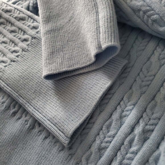 Revolve LPA Poppy Cable Knit Padded Shoulder Wool Blend Blue Cropped Sweater - Picture 7 of 8